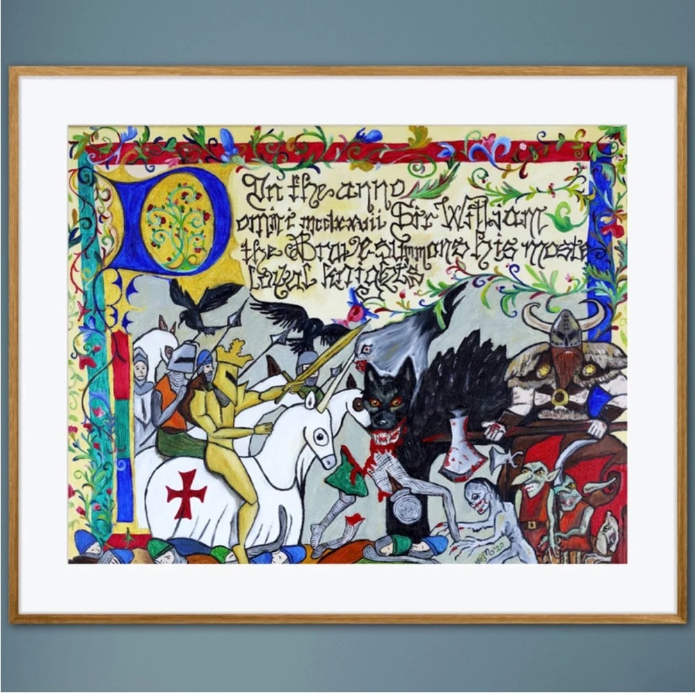 Medieval War Scene Illuminated Manuscript Art Print Oil Painting Battle Fantasy
